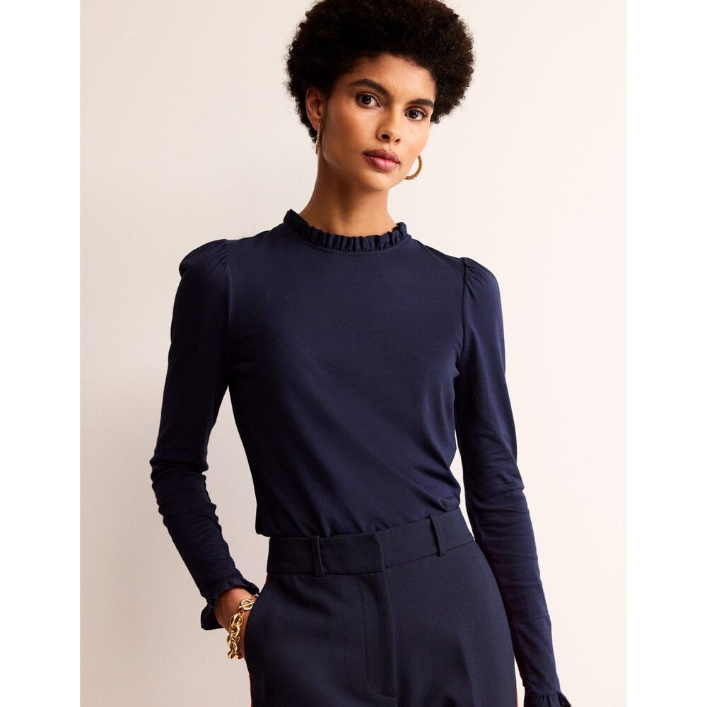 Boden Navy Super soft Frill Detail Top